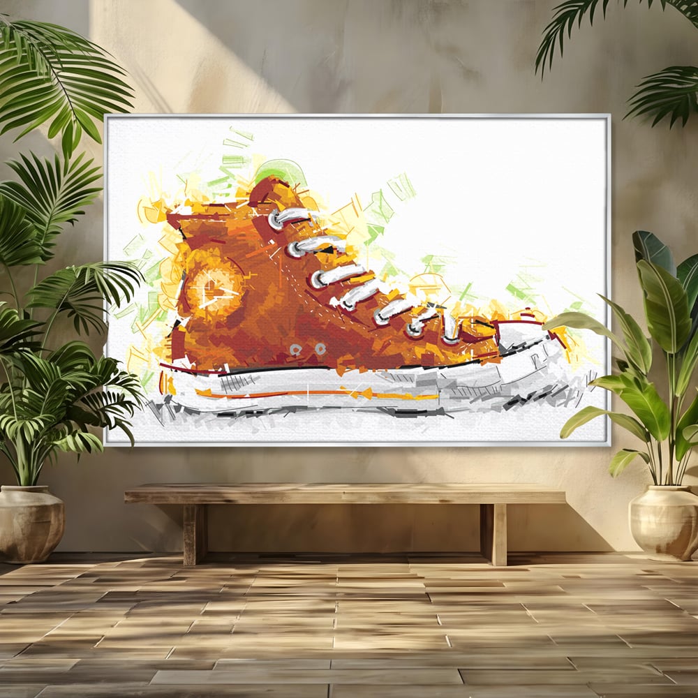 Tablou canvas cu tablou canvas cu tenisi portocalii, in rama de aluminiu argintiu